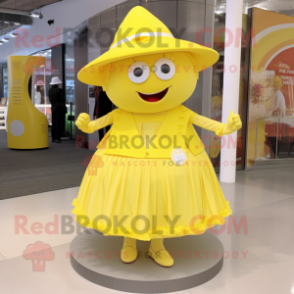 Lemon Yellow Momentum mascot costume character dressed with a Circle Skirt and Hats