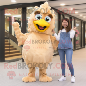 Beige Fried Chicken mascot costume character dressed with a Flare Jeans and Hair clips