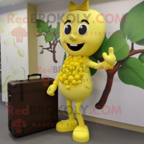 Yellow Grape mascot costume character dressed with a Mini Dress and Briefcases