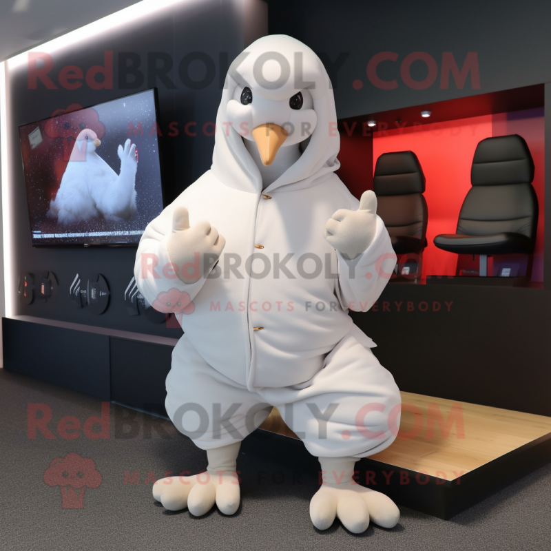 White Pigeon mascot costume character dressed with a Hoodie and Mittens