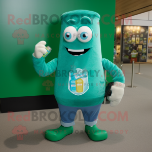 Turquoise Green Beer mascot costume character dressed with a T-Shirt and Tote bags