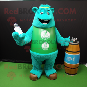 Turquoise Green Beer mascot costume character dressed with a T-Shirt and Tote bags