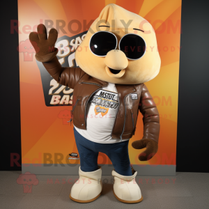 Tan Squash mascot costume character dressed with a Biker Jacket and Wallets