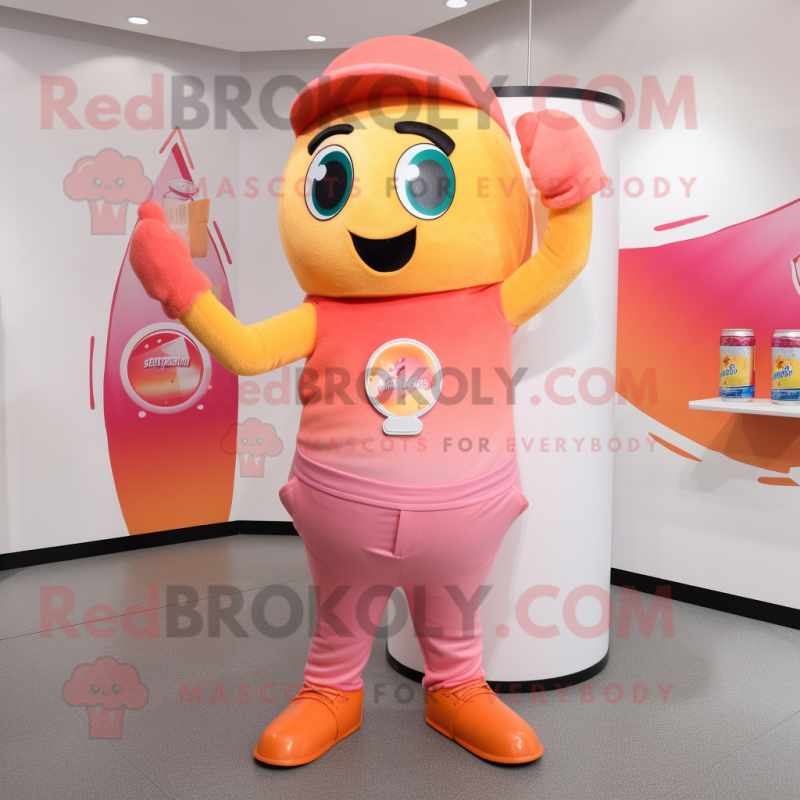 Peach Soda Can mascot costume character dressed with a Flare Jeans and Keychains