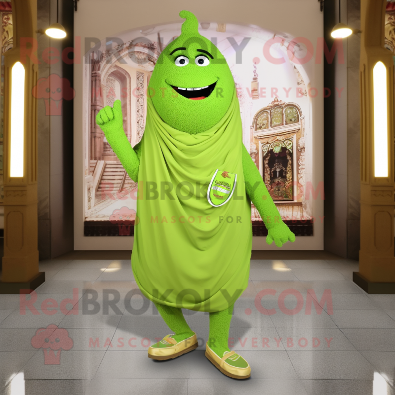 Lime Green Falafel mascot costume character dressed with a Henley Shirt and Shawl pins