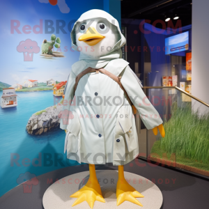 nan Seagull mascot costume character dressed with a Raincoat and Backpacks