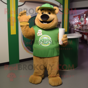 Tan Green Beer mascot costume character dressed with a Bermuda Shorts and Mittens