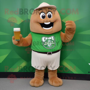 Tan Green Beer mascot costume character dressed with a Bermuda Shorts and Mittens