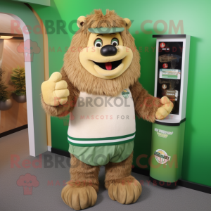 Tan Green Beer mascot costume character dressed with a Bermuda Shorts and Mittens