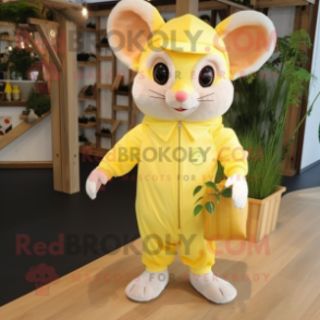 Lemon Yellow Dormouse mascot costume character dressed with a Playsuit and Clutch bags