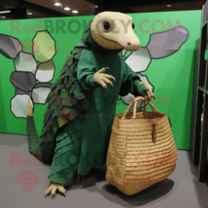 Forest Green Pangolin mascot costume character dressed with a Cover-up and Tote bags