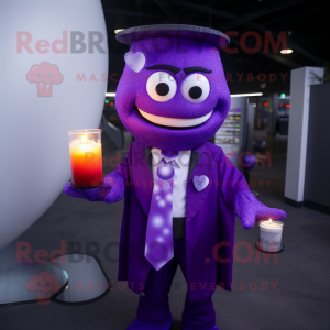 Purple Scented Candle mascot costume character dressed with a Suit Jacket and Bracelets