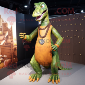 Rust Brachiosaurus mascot costume character dressed with a Tank Top and Necklaces