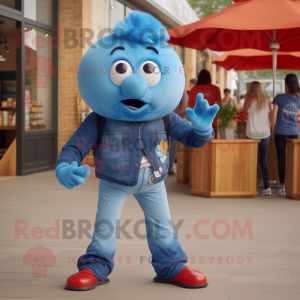 Blue Meatballs mascot costume character dressed with a Jeans and Brooches