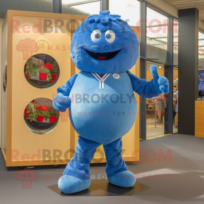 Blue Meatballs mascot costume character dressed with a Jeans and Brooches