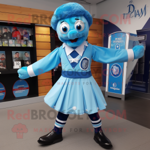 Sky Blue Irish Dancer mascot costume character dressed with a Oxford Shirt and Cummerbunds