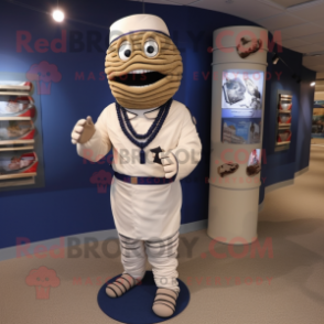 Navy Mummy mascot costume character dressed with a Suit Pants and Brooches