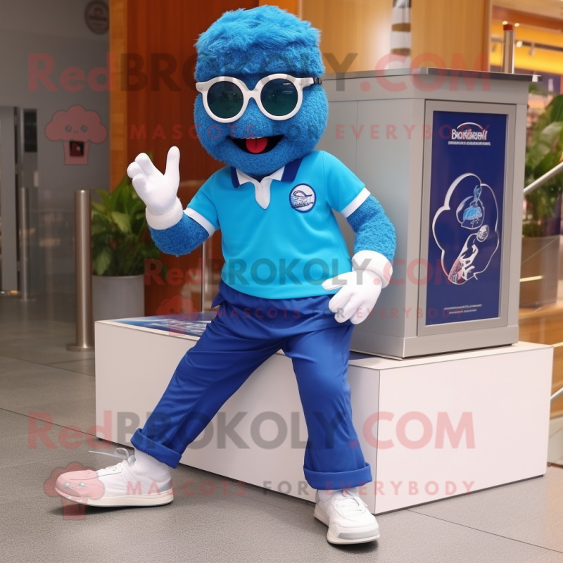 Blue Irish Dancing Shoes mascot costume character dressed with a Capri Pants and Sunglasses