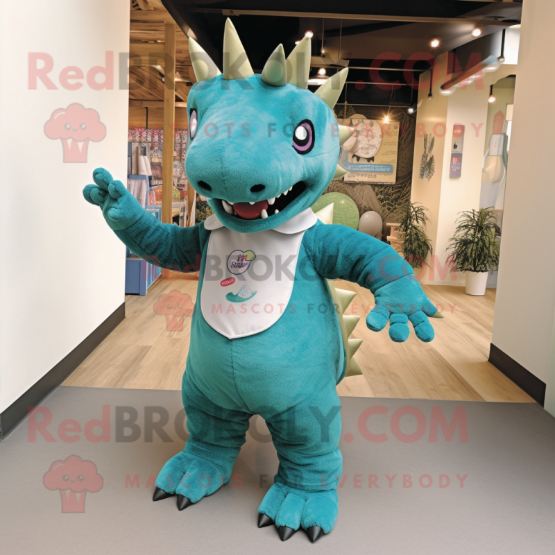 Teal Stegosaurus mascot costume character dressed with a Dungarees and Headbands