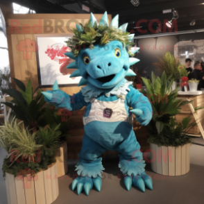 Teal Stegosaurus mascot costume character dressed with a Dungarees and Headbands