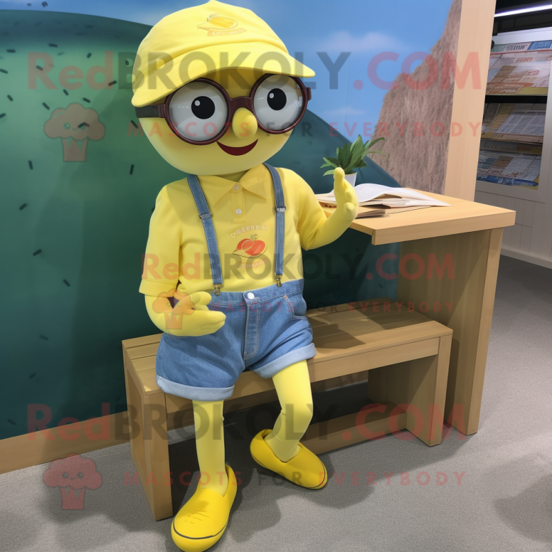 nan Lemon mascot costume character dressed with a Denim Shorts and Reading glasses