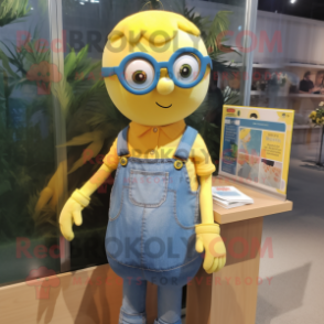 nan Lemon mascot costume character dressed with a Denim Shorts and Reading glasses