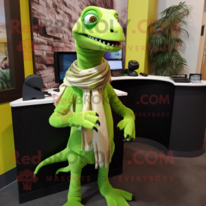 Lime Green Utahraptor mascot costume character dressed with a Henley Shirt and Scarf clips