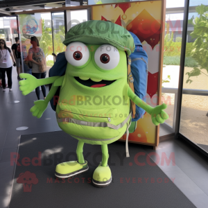 Lime Green Moussaka mascot costume character dressed with a Chambray Shirt and Backpacks