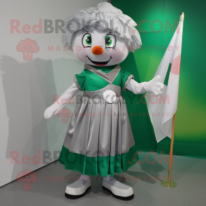 Silver Irish Flag mascot costume character dressed with a A-Line Skirt and Shawl pins