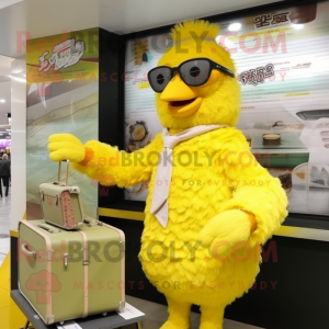Lemon Yellow Fried Chicken mascot costume character dressed with a Cover-up and Briefcases