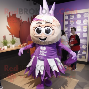 Purple Onion mascot costume character dressed with a Mini Skirt and Headbands