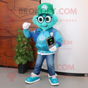 Teal Bunch Of Shamrocks mascot costume character dressed with a Jeans and Digital watches