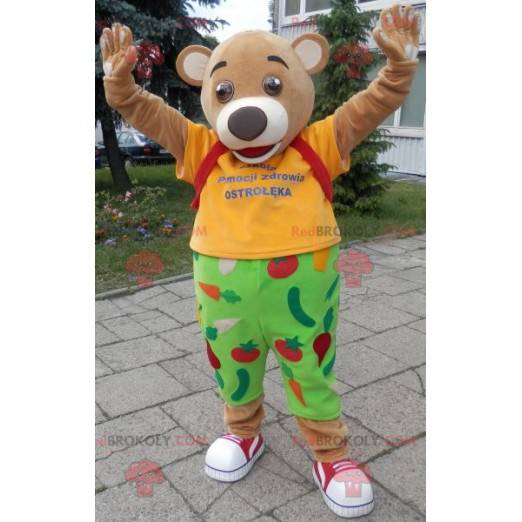 Mascota oso beige vestida de amarillo y verde - Redbrokoly.com