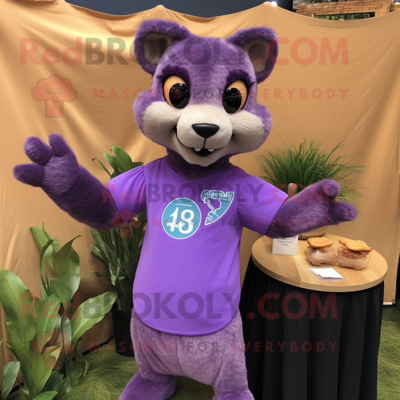 Lavender Jaguarundi mascot costume character dressed with a T-Shirt and Earrings