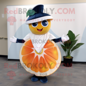 Navy Grapefruit mascot costume character dressed with a Maxi Dress and Rings