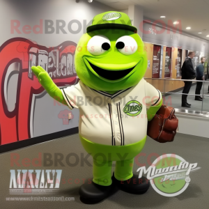 Lime Green Cucumber mascot costume character dressed with a Baseball Tee and Messenger bags