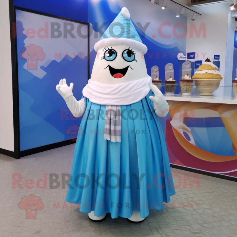 Blue Ice Cream Cone mascot costume character dressed with a Maxi Skirt and Shawls