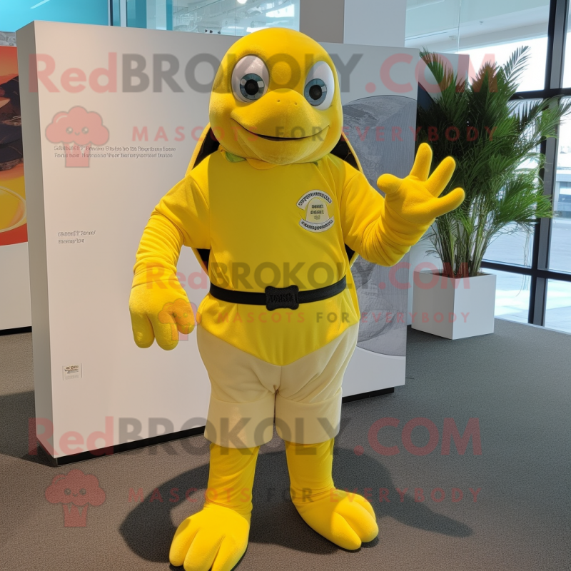 Lemon Yellow Sea Turtle mascot costume character dressed with a Henley Shirt and Gloves