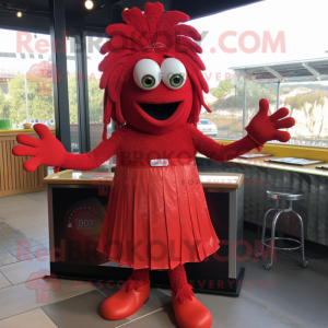Red Paella mascot costume character dressed with a A-Line Skirt and Bracelet watches