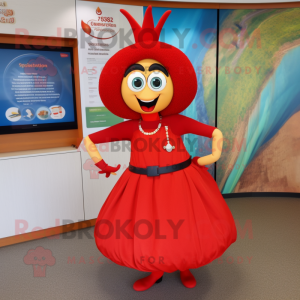 Red Paella mascot costume character dressed with a A-Line Skirt and Bracelet watches