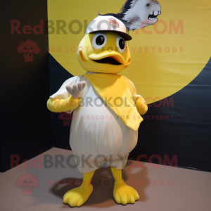 Lemon Yellow Gull mascot costume character dressed with a Baseball Tee and Bow ties