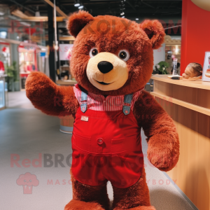 Red Teddy Bear mascot costume character dressed with a Playsuit and Suspenders