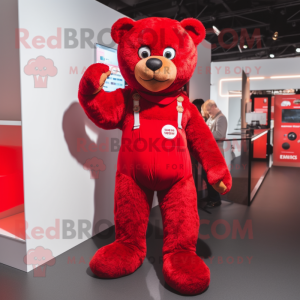 Red Teddy Bear mascot costume character dressed with a Playsuit and Suspenders