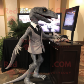 Gray Velociraptor mascot costume character dressed with a Empire Waist Dress and Lapel pins