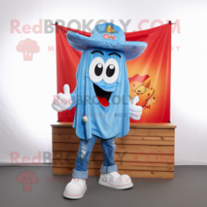 Sky Blue Goulash mascot costume character dressed with a Denim Shorts and Earrings