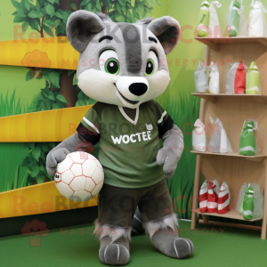 Olive Civet mascot costume character dressed with a Rugby Shirt and Coin purses