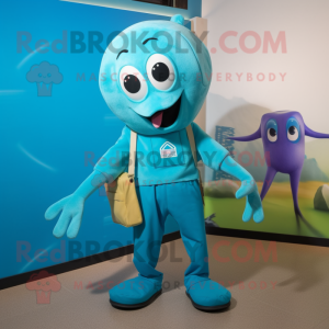 Cyan Squid mascot costume character dressed with a Overalls and Suspenders