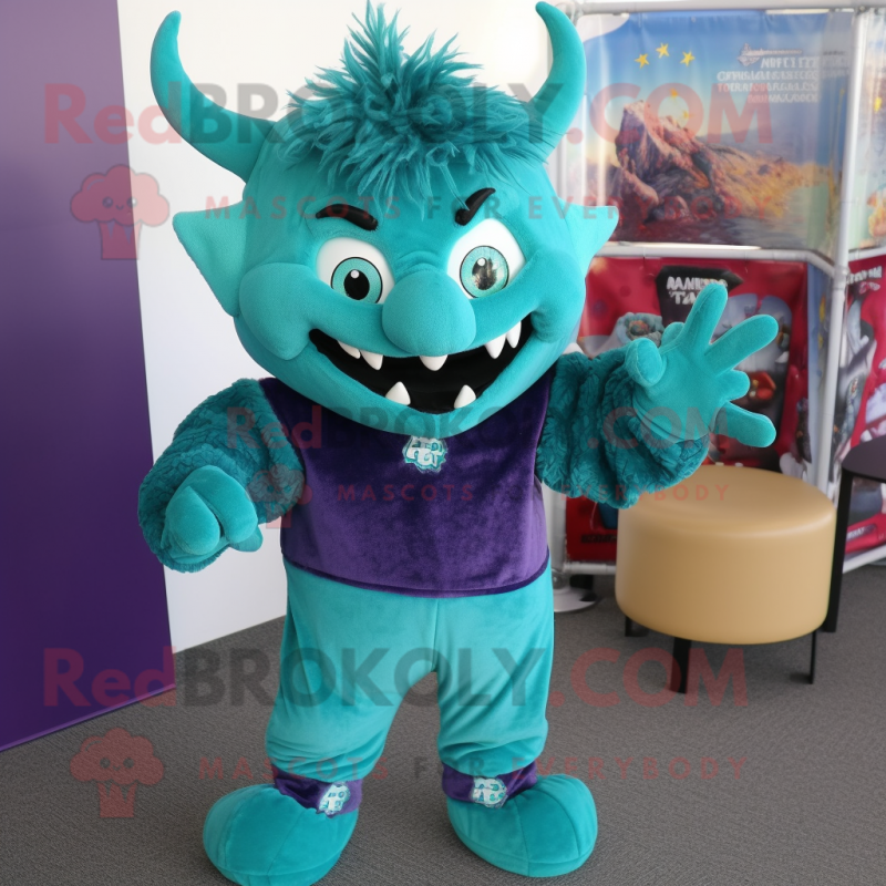 Teal Devil mascot costume character dressed with a Sweater and Hair clips