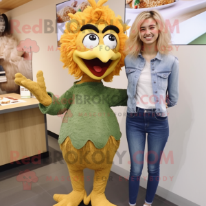 Olive Fried Chicken mascot costume character dressed with a Skinny Jeans and Hair clips