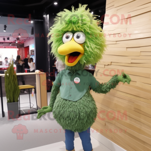Olive Fried Chicken mascot costume character dressed with a Skinny Jeans and Hair clips